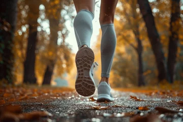 Tuinposter Jogging in an autumn park, athletic legs in sneakers close up, low angle. Concepts: sports, healthy lifestyle, strength, endurance, beautiful body, sports shoes, active recreation © Irina Kozel
