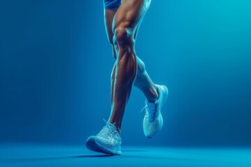 Male athletic legs in white sneakers on blue background. Concepts: sports, healthy lifestyle, strength, endurance, beautiful body, sports shoes, active recreation