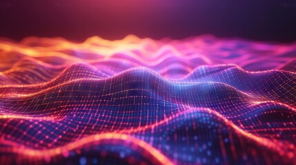 Abstract wave made out of grids that are seen from a cinematic view of one of the holy geometry shapes, the shape is clearly animated, clear neon lines, 3d render, nothingness. - obrazy, fototapety, plakaty