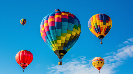 Colorful hot air balloons soaring against a breathtaking clear blue sky at the vibrant festival. An enchanting display of beauty and adventure.