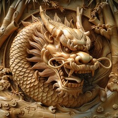Statue of Chinese wood dragon above bamboo jungle. year 2024 dragon