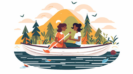 Girlfriends in love rowing boat on lake 2D linear illustration.