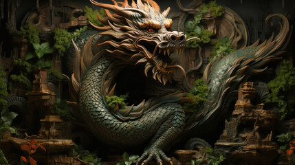 Wooden Chinese wood dragon above bamboo jungle. Chinese year 2024 - obrazy, fototapety, plakaty
