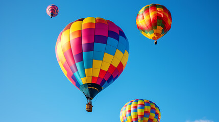 A vibrant hot air balloon festival fills the sky with a riot of colors against a backdrop of a clear blue sky. Experience the joy and wonder of this breathtaking event.