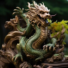 Wooden dragon statue in jungles, Dragon year 2024