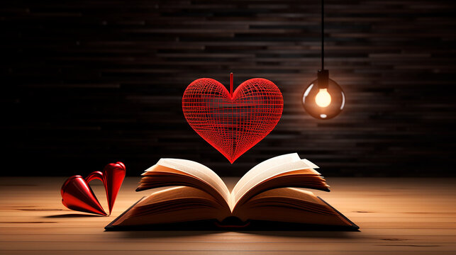 3D heart on book, romance literature