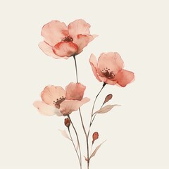 Line art Wild Flowers Art Watercolour in nude colors. minimal with clear white background. 