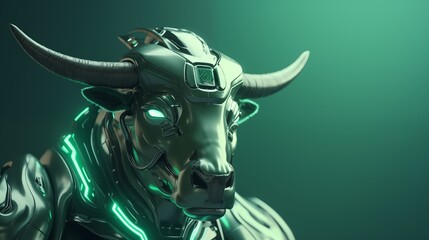A brutal steel bull robot with glowing eyes, a symbol of an upward trend in the economy, business growth.
