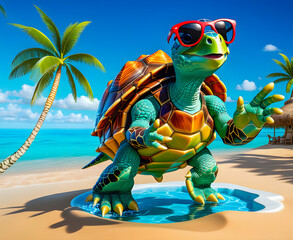 a funny 3d turtle on a beach. Vacation concept