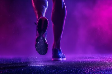 Athletic legs in sneakers on violet background. Concepts: sports, healthy lifestyle, strength, endurance, beautiful body, sports shoes, active recreation