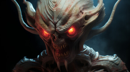 Demonic Alien Close Up Glowing Red Eyes Malicious Intent Intergalactic Supervillain  - obrazy, fototapety, plakaty