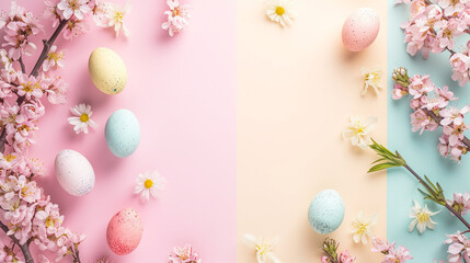 Fototapeta premium Easter banner with a frame of flowers and colored eggs. The concept of Easter holidays