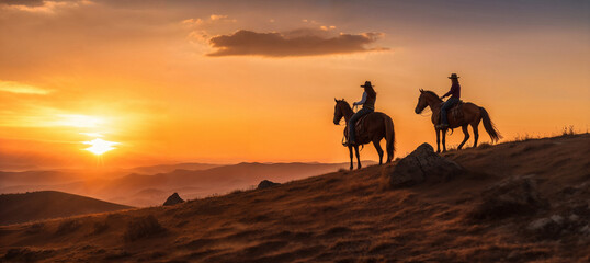 Fototapeta na wymiar Two women riding into the sunset on horses in the desert mountains