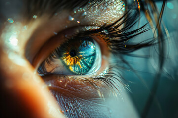 Macro Eye Detail. Close-up of a human eye reflecting light. - obrazy, fototapety, plakaty