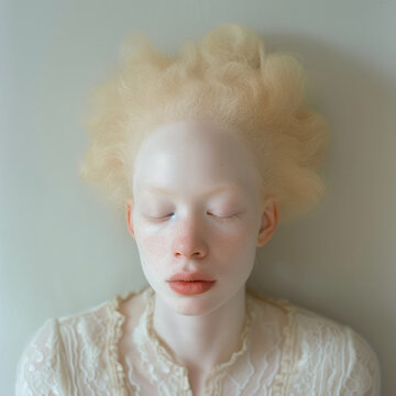 Ethereal Albino Elegance. Delicate albino woman in contemplative serenity.