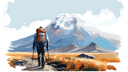 Vector illustration of a hiker with a big mountain in front, adventure travel concept.