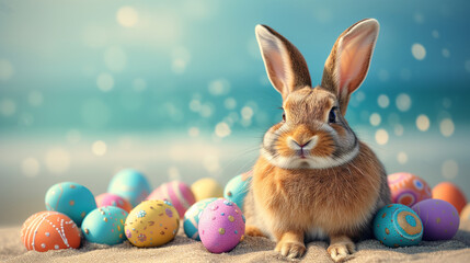 beautiful easter bunny sitting near eggs on the sand