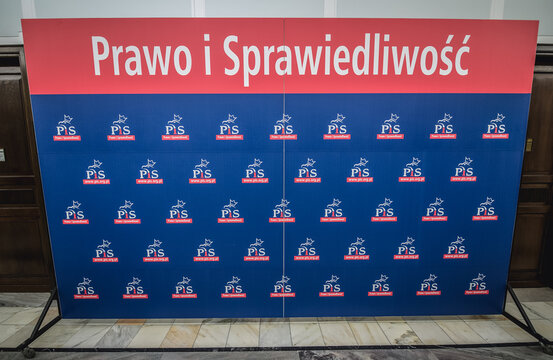 Warsaw, Poland - March 4, 2015: Conference background poster of Prawo i Ssprawiedliwosc - Law and Justice party