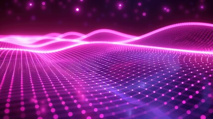 Obraz premium Abstract wave made out of grids that are seen from a cinematic view of one of the holy geometry shapes, the shape is clearly animated, clear neon lines, 3d render, nothingness. Wallpaper, pattern.