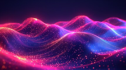 Obraz premium Abstract wave made out of grids that are seen from a cinematic view of one of the holy geometry shapes, the shape is clearly animated, clear neon lines, 3d render, nothingness. Wallpaper, pattern.