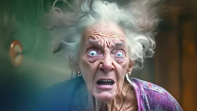 cartoon of portrait of crazy old woman

