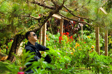 Asian young man relaxing under pine tree in a lush garden on a bright summer day
