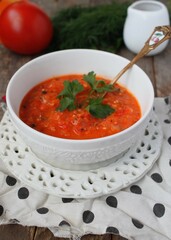 Vegetable spicy soup. Summer soup. Chili soup.