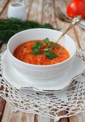 Vegetable spicy soup. Summer soup. Chili soup.