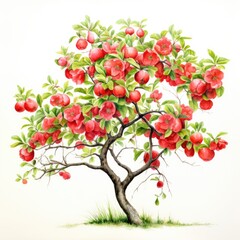 Watercolor - quince tree on a white background