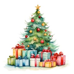 Watercolor Christmas tree with gift boxes presents, Christmas design on white background