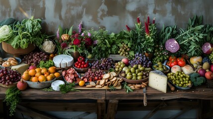 Fototapeta na wymiar rustic wooden table adorned with a bountiful spread of farm-fresh vegetables, fruits, and artisanal cheeses