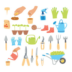 Set of hand drawn garden elements. Cartoon flat illustration of farm equipment, agriculture items