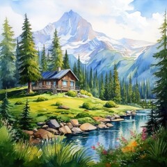 Fototapeta na wymiar Watercolor tiny home in the mountains