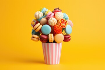 Colorful cupcakes, macarons, and lollipops on yellow background.