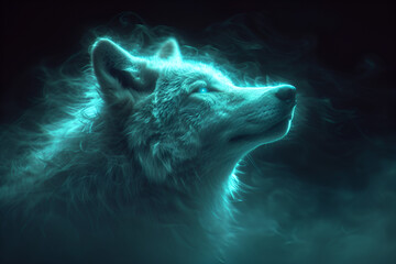 A neon illustration of a blue green wolf. Created with generative AI.
