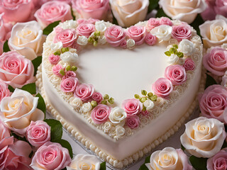 heartshaped pastel wedding cake with roses