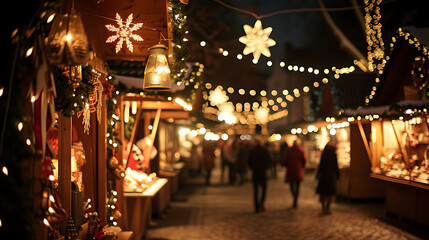 Immerse yourself in the enchanting atmosphere of a vibrant Christmas market adorned with twinkling lights and festive decorations, perfect for spreading holiday cheer.