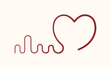 Heart with wavy cardiogram in linear style. Isolated drawing of a heart, symbolic representation of heartbeat. Simple line art, vector illustration.