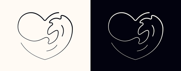 Linear heart with an inscribed sea wave. The concept of love for the sea, ocean. Minimalist graphic symbol, line art sign for logo design, emblem, etc. Vector graphic illustration.