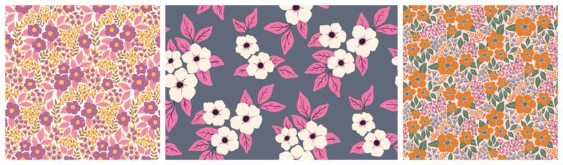 Seamless floral pattern, retro style decorative print in the collection. Botanical design in the 70s motif: small and large hand drawn flowers, leaves in an abstract composition. Vector illustration.