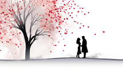 A Romantic Moment Under the Heart-Filled Tree Silhouette of a Couple Amidst a Shower of Red Hearts
