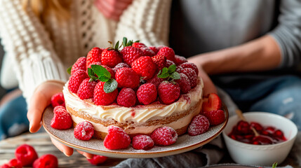 Valentines day Raspberry heart cake or French Fraisier Cake with Diplomat Cream in women hands
