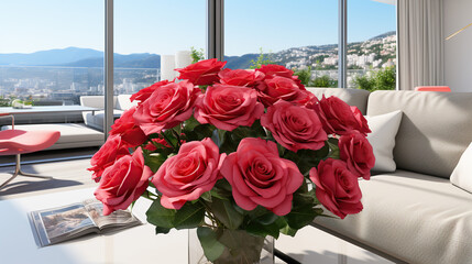 A Vibrant Bouquet of Fresh Red Roses Adorning a Modern Living Room with a Breathtaking Cityscape View
