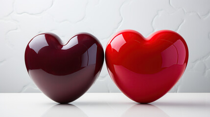 Two Glossy Hearts Side by Side, One Dark and One Bright, Symbolizing Unity and Contrast in Love and Relationships