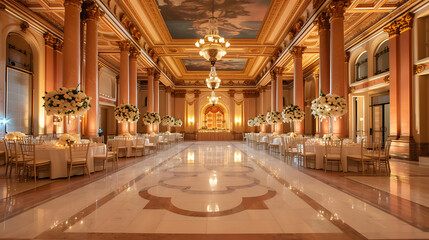 Fototapeta na wymiar Step into the enchantment of a grand ballroom, adorned with exquisite, elegant decorations. The dance floor awaits, beckoning you to twirl and sway amidst the magic and glamour.
