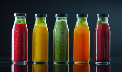 variety of colorful smoothies in clear bottles with reflections