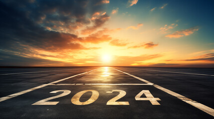 airport runway with new year 2014 and sunset sky, business and transportation concept