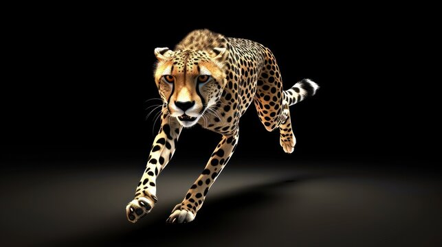  a 3d image of a cheetah running on a black background with a shadow of the cheetah.
