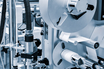 Automatic packaging conveyor line in pharmaceutical factory, pharmaceutical industrial concept background