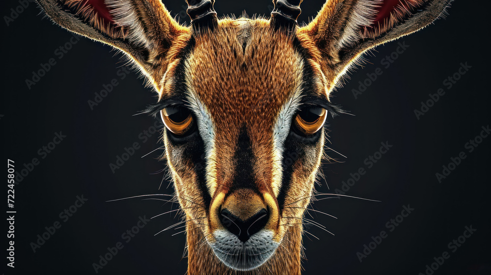Canvas Prints a close up of a goat's face on a black background with a red spot in the middle of the goat's ear.